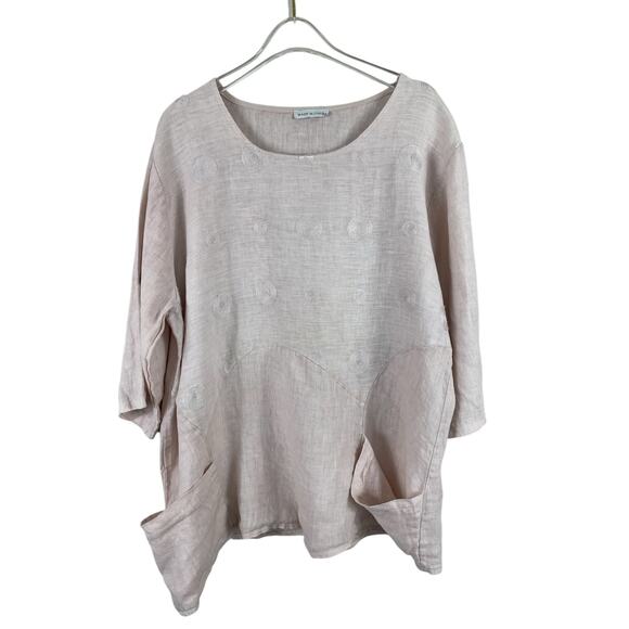 Made In Italy Linen Top Asymmetrical Boho Laganlook Roll Tab Sleeve Pink Large - Picture 5 of 15